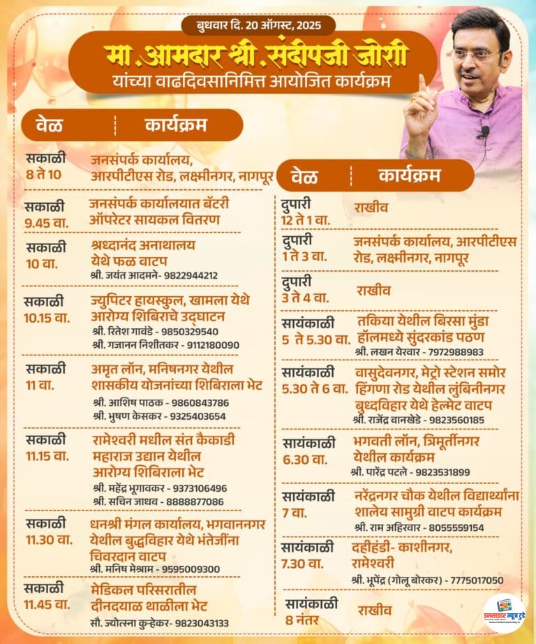 आ. संदीप जोशी यांचा वाढदिवस ‘लोकसेवा दिवस’ म्हणून साजरा होणार  दिवसभर विविध लोकोपयोगी कार्यक्रमांचे आयोजन