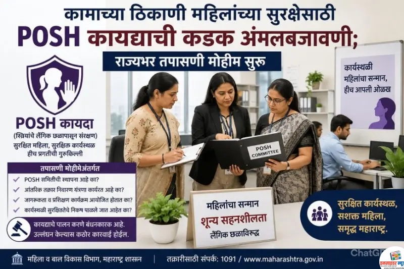 कामाच्या ठिकाणी महिलांच्या सुरक्षेसाठी ‘POSH’ कायद्याची कडक अंमलबजावणी; राज्यभर तपासणी मोहीम कामाच्या ठिकाणी महिलांच्या सुरक्षेसाठी ‘POSH’ कायद्याची कडक अंमलबजावणी; राज्यभर तपासणी मोहीम