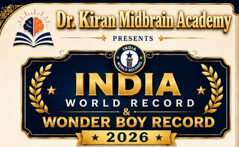 डॉ. किरण मिडब्रेन अकादमीतर्फे ‘इंडिया वर्ल्ड रेकॉर्ड अँड वंडर बॉय रेकॉर्ड २०२६’ भव्य गौरव सोहळा रविवारी डॉ. किरण मिडब्रेन अकादमीतर्फे ‘इंडिया वर्ल्ड रेकॉर्ड अँड वंडर बॉय रेकॉर्ड २०२६’ भव्य गौरव सोहळा रविवारी
