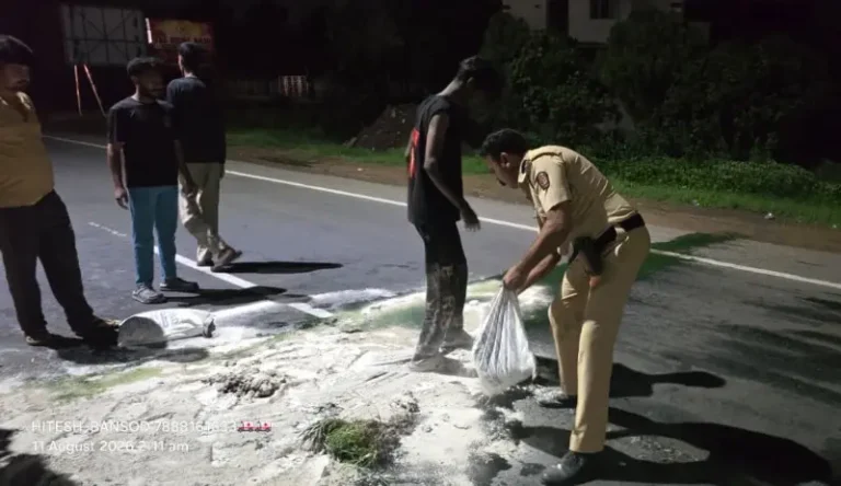 कवडस के पास ट्रक पलटा, बची जान